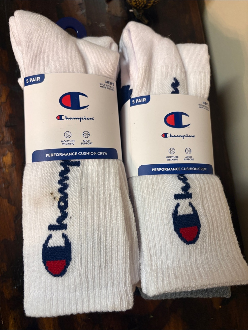 Champion Men's White,Gray & Black Crew Socks Navy & Red Logo 2 Packs of 5 Pairs.